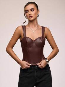 SHEIN BAE 女式复古纯色修身背心，夏季 - 棕色 - 查看 5