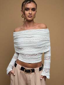 SHEIN BAE Women's Simple And Elegant White Solid Color Perspective Texture Lace Off-Shoulder Slim-Fit Long-Sleeved Top, Lace Top, Brunch Top, Elegant Top, Date, Going Out,Business Casual Woman - White - View 6