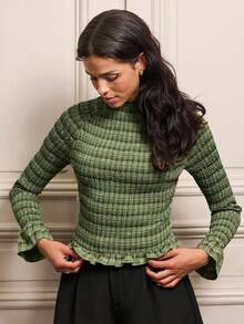 lacRébo Herbst grün karierter geraffter figurbetonter Oberteil mit Rüschenärmeln und -saum, Herbst-/Winterkleidung für Frauen