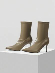 MOTF 法式尖头细高跟踝靴，女款，新款秋冬复古宽筒靴 - 卡其色 - 查看 4