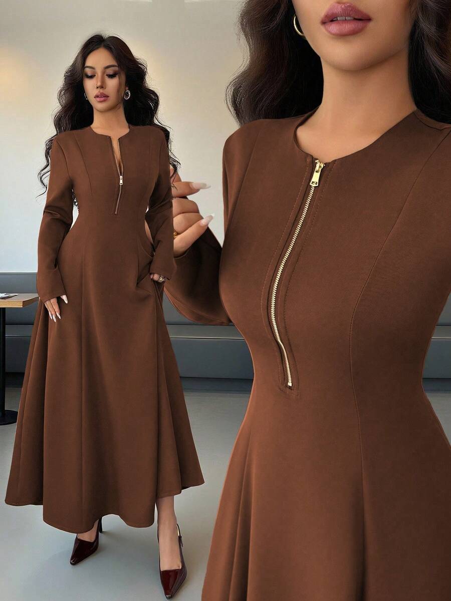 Elenzga Gaun Midi Wanita Elegan Warna Cokelat Kopi, Leher Bulat, Resleting Depan, Desain Mewah, Pas di Pinggang, Lengan Panjang Mengembang, Cocok untuk Bepergian di Musim Gugur - Kopi - View 1