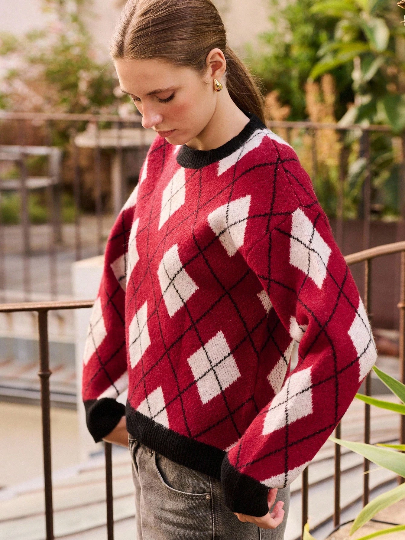 Maglione ampio a rombi, adatto per la primavera e l'estate, per uscite e il Capodanno