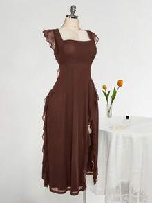 SHEIN ICON Plus Size Square Neck Ruffle Trim Fitted Dress, Suitable For Wedding, Party, Wedding Guest, Romantic Spring Outfit