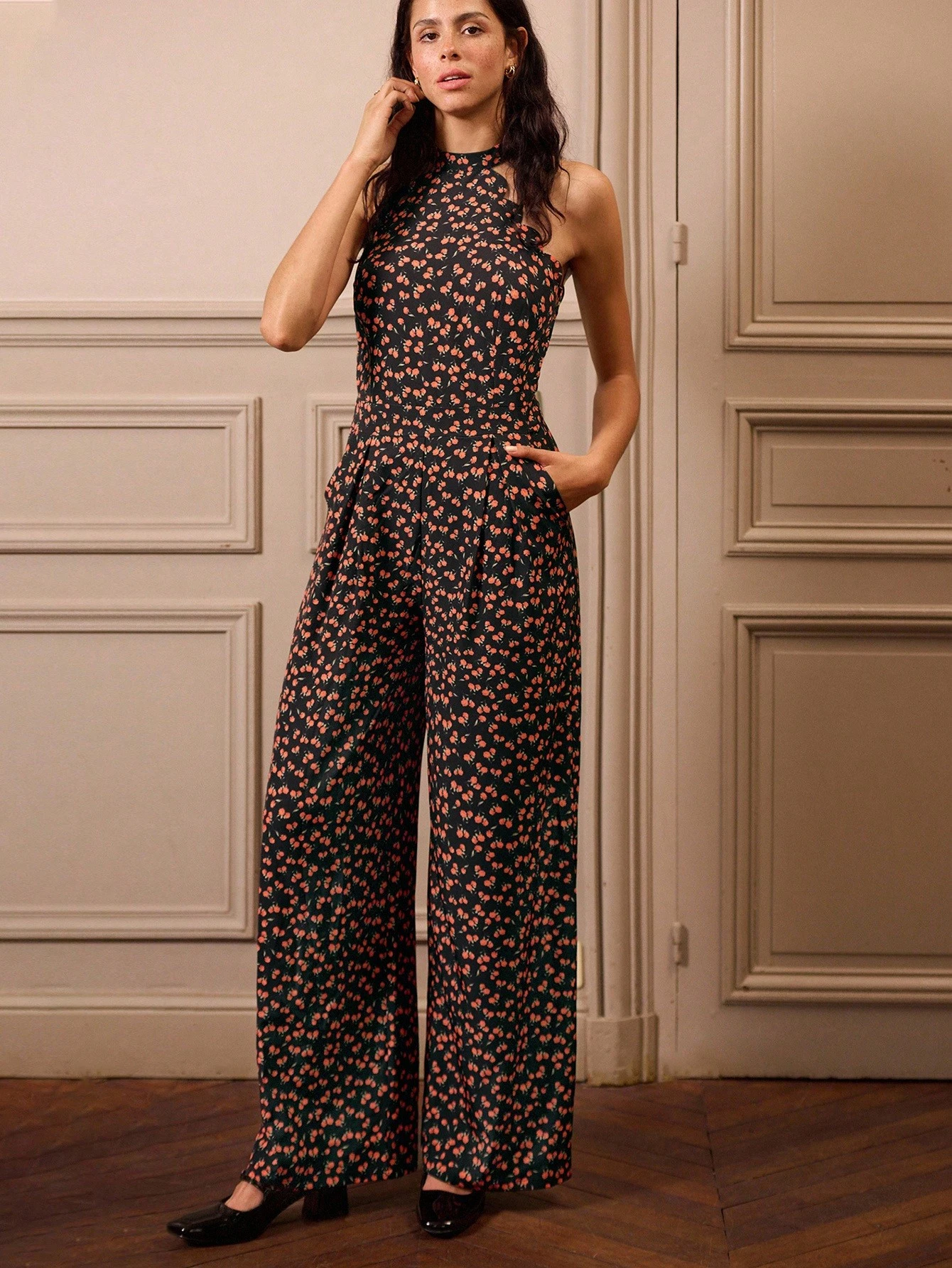 Macacão de Perna Larga com Gola Alta e Sem Mangas, Estampa Floral, com Bolsos Laterais, Roupas Femininas de Outono e Inverno