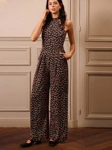 lacRébo Mono de pierna ancha sin mangas con cuello alto y estampado floral con bolsillos laterales, ropa de mujer para otoño e invierno - Multicolor - Ver 2