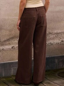 lacRébo بنطلون نسائي ذو خصر منخفض وساق واسعة، لون بني، ملابس خريف وشتاء