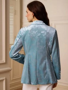 Omancia 女士时尚浪漫优雅天鹅绒烂花玫瑰镂空休闲西装外套 - 藍色 - 查看 2