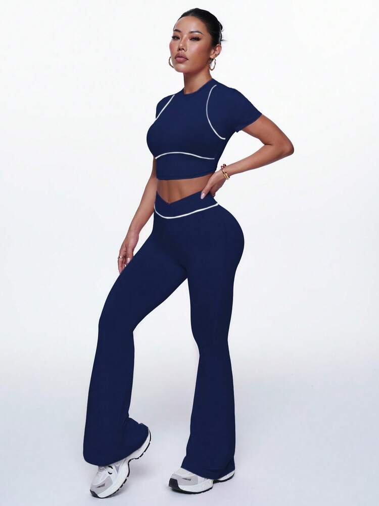 Dewbera Women's Round Neck Short Sleeve Cropped T-Shirt And Flare Pants Sports Suit Workout Sets - Navy Blue - View 8