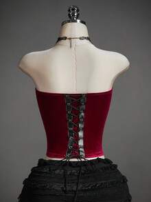 SHEIN ICON Top sexy gotic din dantelă pentru femei, potrivit pentru petrecerea de Halloween, inspirat de vampiri, culoare roșu și negru, corset burlesc gotic roșu și negru - Negru - Vizualizare 2