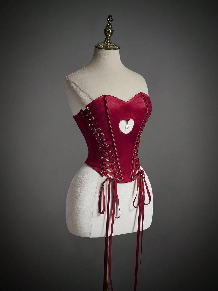 SHEIN ICON 女士优雅镂空心形交叉抹胸短款上衣 - 紅色 - 查看 1