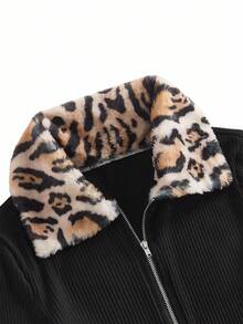 Shutterstock Glamance Chaqueta de punto con cremallera de piel de leopardo sintética para mujer, abrigo de manga larga ajustado para otoño e invierno, adecuado para Halloween, estilo callejero Y2K, regreso a la escuela, fiesta de noche, estampado animal, estampado de guepardo, abrigos de mujer, abrigos cortos, colección de moda - Negro - Ver 4