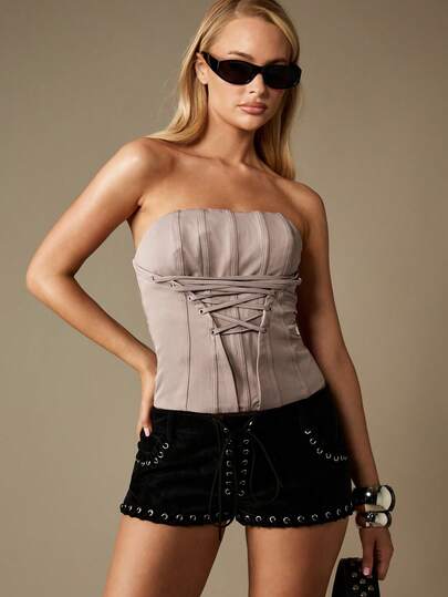 MISSGUIDED Áo corset không dây có chi tiết buộc dây và đường may dạng tấm cho thời trang mùa thu