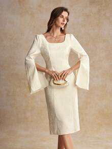 House of One Floral Jacquard Squared Neckline Slit Long Sleeves Midi Dress Women Autumn Elegant Wear