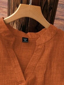 EMERY ROSE Plus Size Women's Solid Color V-Neck Roll-Up Sleeve Casual Shirt - Orange - View 3