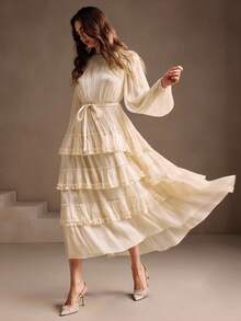 Anewsta Váy bánh dài tay thanh lịch và lãng mạn, Thu/Đông - Màu be - Xem 3