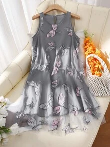 Franclia Women's Elegant Delicate Round Neck Mesh Embroidered Sequin Sleeveless Short A-Line Dress, Apricot Color, Summer - Grey - View 1