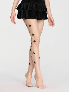 ROMWE Kawaii 1 双女士扑克牌印花长袜，适合搭配裙子，四季皆宜 - 米色 - 查看 5