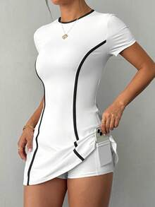 Slayform 女式网球健身户外修身白色短袖运动连衣裙，配有短裤和手机口袋 - 黑與白 - 查看 6