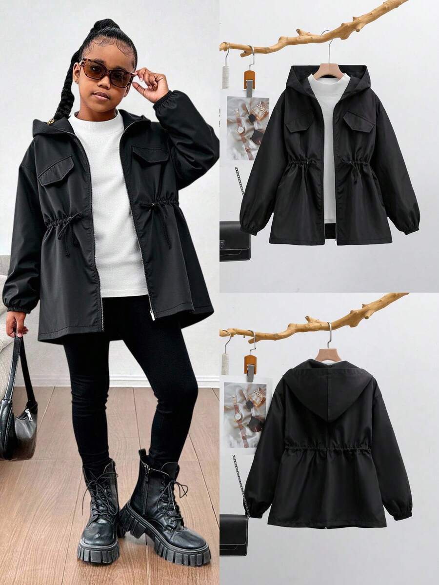 SHEIN Tween Girl Solid Color Drawstring Hooded Casual Jacket, With Drawstring Waist, Suitable For Autumn/Winter Black Hooded Jacket Girl Tween Girl Jacket Girls Black Jacket With Hood Cute Jackets For Girls  Girl Black Jacket Teen Girl Jacket Girls Hooded Jacket Cute Black Jackets For Girls Girls Black Rain Jacket Fall - Black - View 1