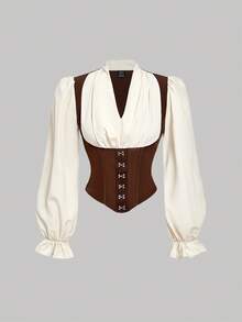 SHEIN MOD 女士时尚法式撞色灯笼袖衬衫，万圣节，外出上衣，秋季女装，哥特风，乡村音乐会，颓废风，波西米亚风，老钱风，西部风，返校季，西部服饰，冬季女装，海盗风，秋季女装，万圣节角色扮演，海盗服装 - 彩色 - 查看 1