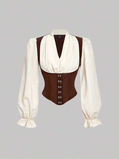 SHEIN MOD Blusa de manga farol con contraste de color, estilo francés para mujer. Ideal para Halloween, salir, otoño, gótico, concierto country, grunge, bohemio, estilo old money, western, vuelta al cole, ropa western, invierno, pirata, disfraz de Halloween, disfraz de pirata