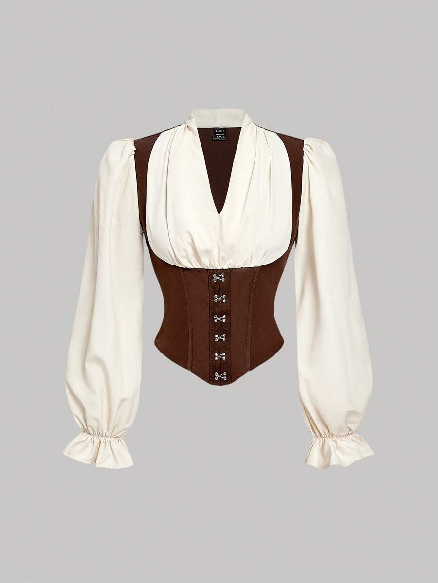 SHEIN MOD 女士时尚法式撞色灯笼袖衬衫，万圣节，外出上衣，秋季女装，哥特风，乡村音乐会，颓废风，波西米亚风，老钱风，西部风，返校季，西部服饰，冬季女装，海盗风，秋季女装，万圣节角色扮演，海盗服装 - 彩色 - 查看 1