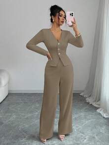 Elenzga 女士优雅长袖西装外套和裤子套装，商务/通勤风格，适合夏季、独立日、毕业典礼、返校 - 卡其色 - 查看 5