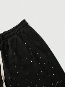 ROMWE MEN Street Life Unisex Flare Leg Sweatpants With Street Style American English Rhinestone Print, Straight Leg Design - Black - View 7