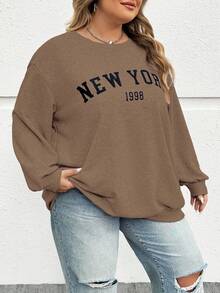 SHEIN CURVE+ 秋冬大码休闲宽松纽约图案圆领长袖女式运动衫 - 棕色 - 查看 6