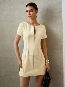 MOTF PREMIUM ZIPPER SLIM FIT DRESS - Apricot - View 1