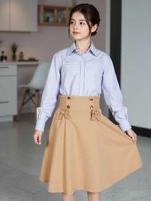 SHEIN Tween Girl Shirred Waist Bow Front Skirt