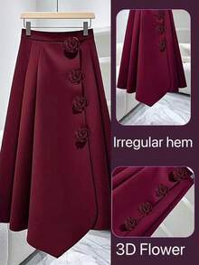 Franclia Fashionable Asymmetric Hem Rose Floral Design High Waist A-Line Skirt For Women, Autumn/Winter Fall Cloth For Women - Burgundy - View 3