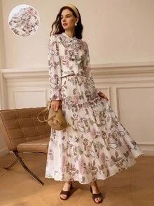 Omancia 2025 秋季新品法式优雅精致天丝彩色刺绣荷叶边领长袖衬衫和飘逸中裙套装，适合通勤、度假、约会、郊游、节日、花园、家庭聚会、劳动节、节日、独立日、返校、教师装、万圣节、感恩节 - 粉色 - 查看 1