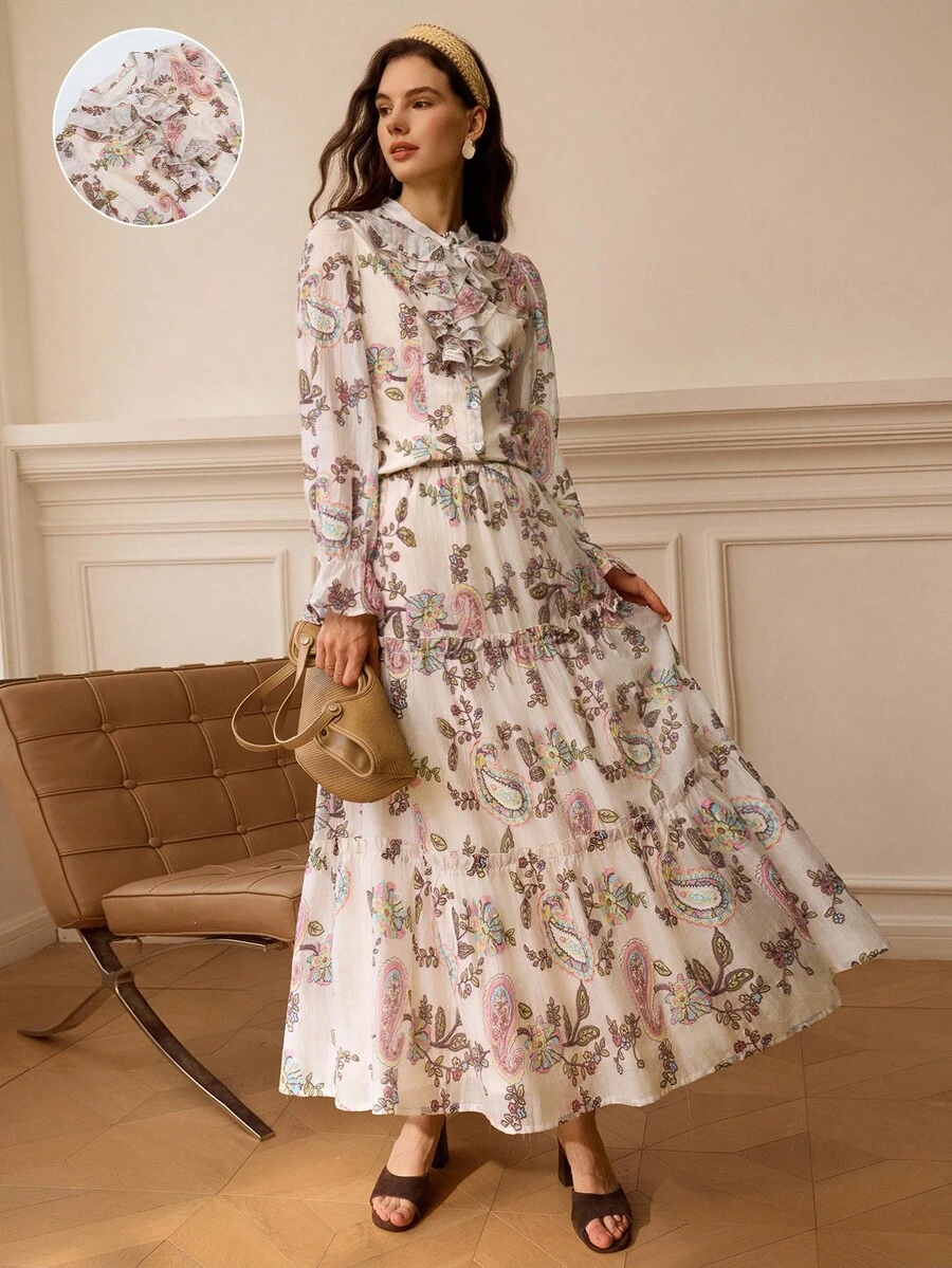 Omancia 2025 秋季新品法式优雅精致天丝彩色刺绣荷叶边领长袖衬衫和飘逸中裙套装，适合通勤、度假、约会、郊游、节日、花园、家庭聚会、劳动节、节日、独立日、返校、教师装、万圣节、感恩节 - 粉色 - 查看 1