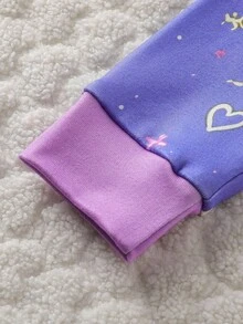 年轻女孩海军蓝简约全身心爱心、星星、鹿印花长袖上衣和紧身裤两件套睡衣套装 - 紫色 - 查看 8