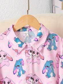 SHEIN Tween Girls' Loose Casual Ruched Plaid Long Sleeve Oversized Back To School Cartoon Pattern Shirt - Apricot - View 3