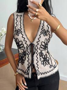 SHEIN Frenchy Women's Casual Floral Pattern Tie Front Sleeveless Jacket, Summer In Fall/Winter - Apricot - View 5