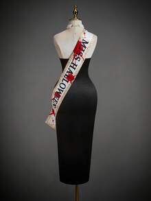 SHEIN ICON 2 件万圣节角色扮演缎面性感侧开衩选美派对黑色露肩缎面开衩连衣裙（含配饰） - 黑色 - 查看 2