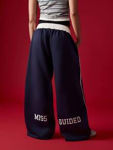 MISSGUIDED 女式撞色腰带阔腿慢跑裤宽松版型运动裤休闲家居服 - 藍色 - 查看 1