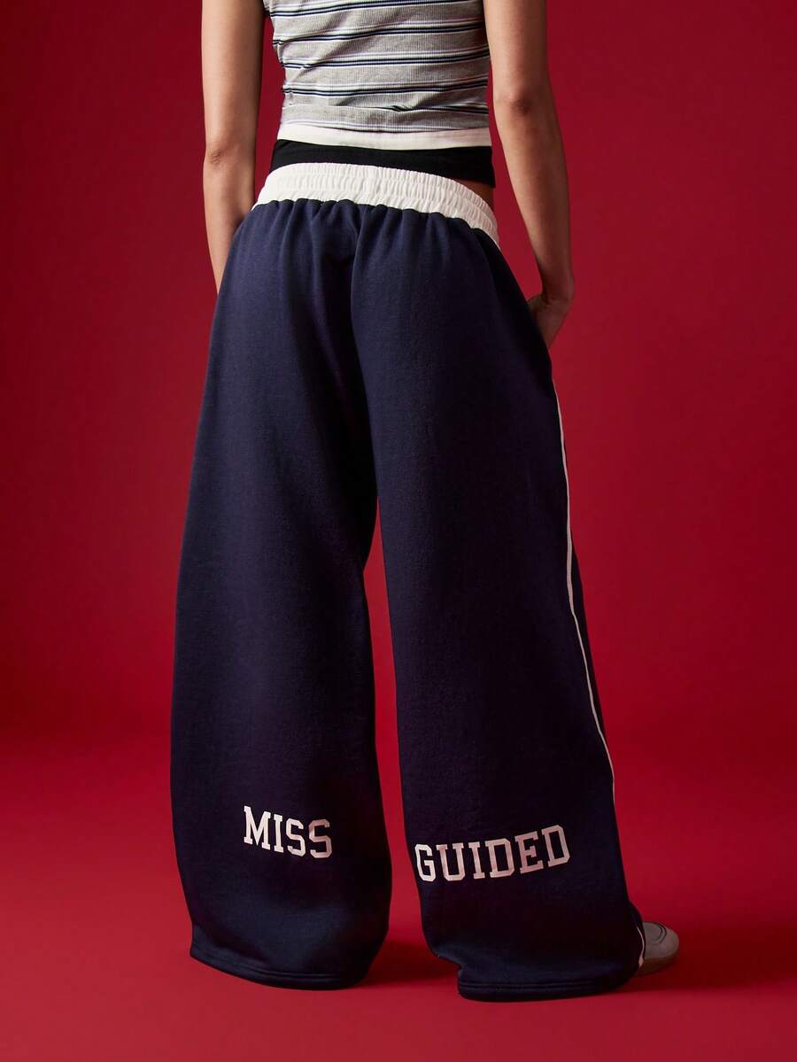 MISSGUIDED 女式撞色腰带阔腿慢跑裤宽松版型运动裤休闲家居服 - 藍色 - 查看 1