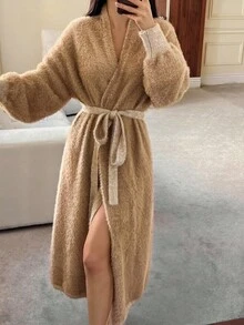 DAZY Women's Long Plush Faux Mink Belted Robe, Warm Home Dress For Winter, Fall Pajama, Cozy Outfit - Camel - View 5