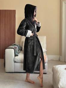 DAZY Women's Striped Textured Fleece Color Block Hooded Long Robe, Winter Loungewear, Fall Winter Fluffy Pajama, Cozy Outfit - Dark Grey - View 4