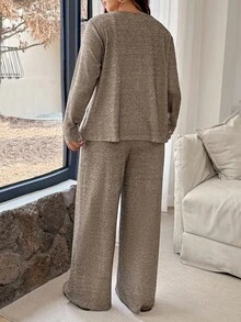 Vionelle Plus Size Women 3-Piece Set: Solid Color Long Sleeve Jacket, Camisole, And Wide Leg Pants, Knit Casual Outfit For Autumn/Winter - Brown - View 2