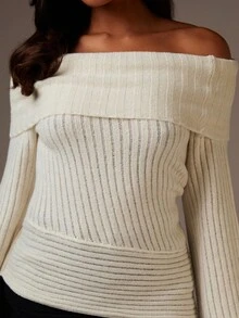 Athîral 女士纯色露肩长袖时尚毛衣，秋季 - 白色 - 查看 5