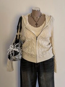 Sunspun Plus Size Women Textured Knit Hooded Front Zip Cardigan Sweater, Suitable For Autumn/Winter, Back To School/Commuting Outfits Fall