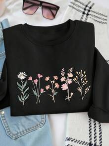 INAWLY 女士常规圆领运动衫，花束图案，全新秋季系列 - 黑色 - 查看 1