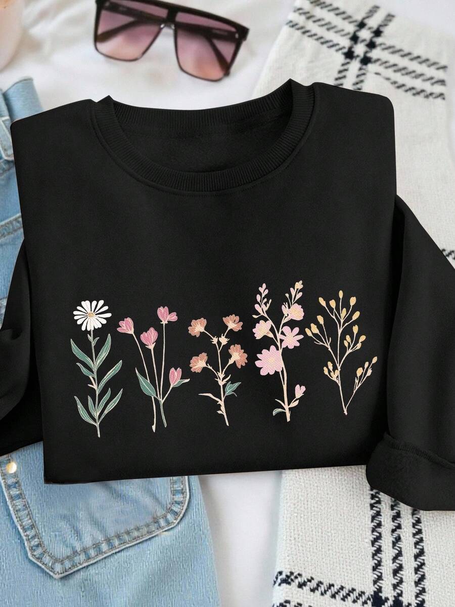 INAWLY 女士常规圆领运动衫，花束图案，全新秋季系列 - 黑色 - 查看 1