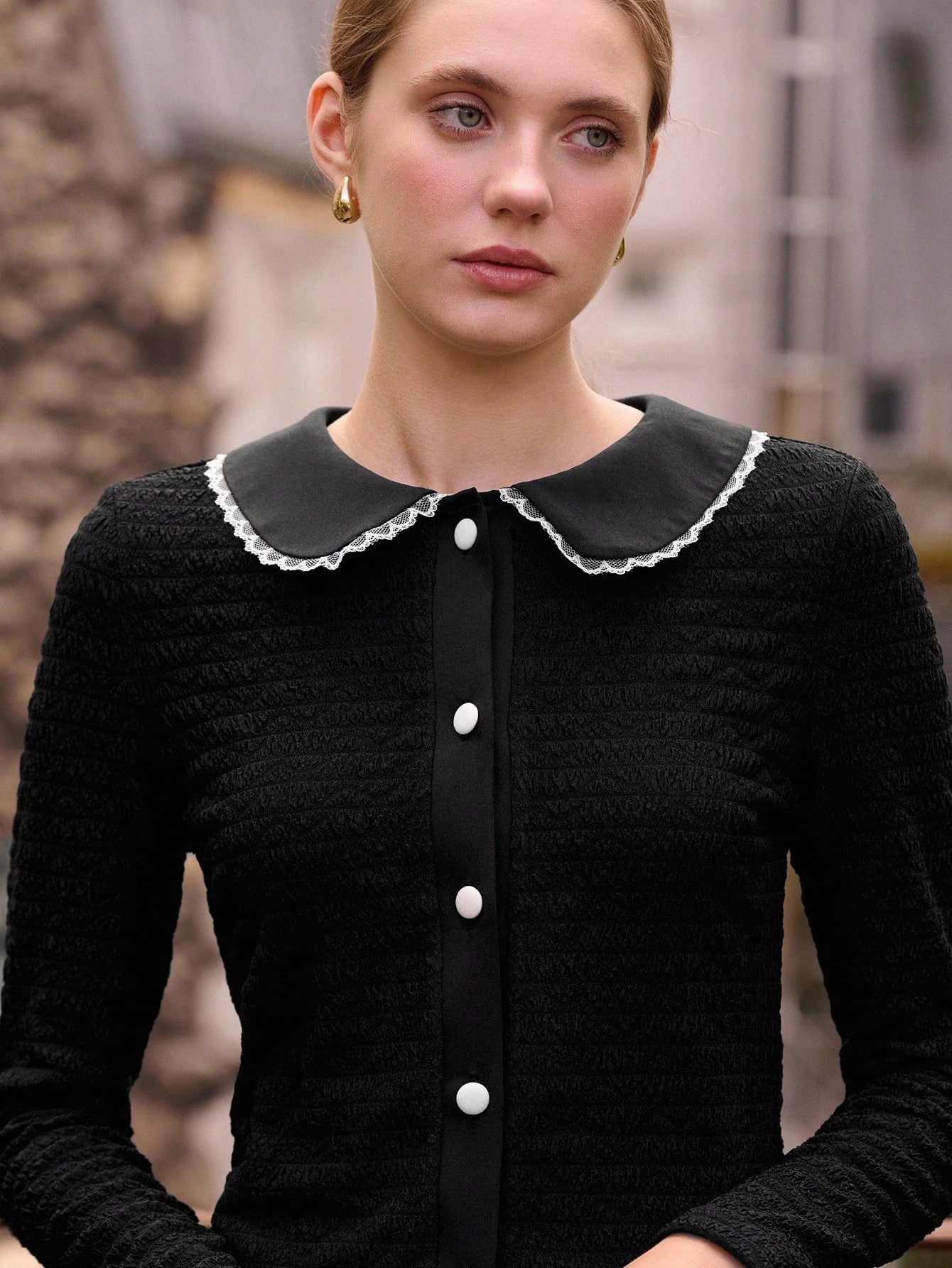 Black Textured Rib Long Sleeve Top With Contrast Trim Collar And Buttons Fall Women Clothes Spring Summer Elegant Top