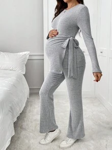 SHEIN 2件套孕妇纯色圆领长袖罗纹开叉休闲上衣和裤子套装 - 淺灰色 - 查看 5