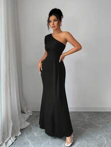 Elenzga New Arrival Women's Asymmetric Neck Ruffle Hem Asymmetrical Design Vacation Casual Cinched Waist Elegant Lady Dress